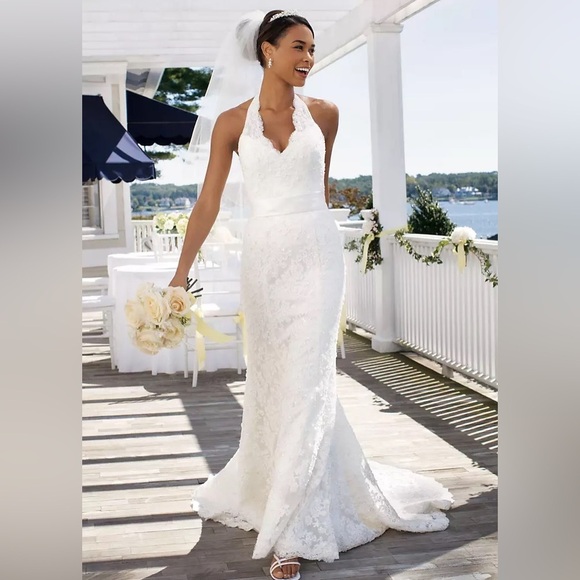 SOLD Davids Bridal Allover Beaded Lace Illusion Halter Neckline Wedding T9512 8 - Picture 1 of 17